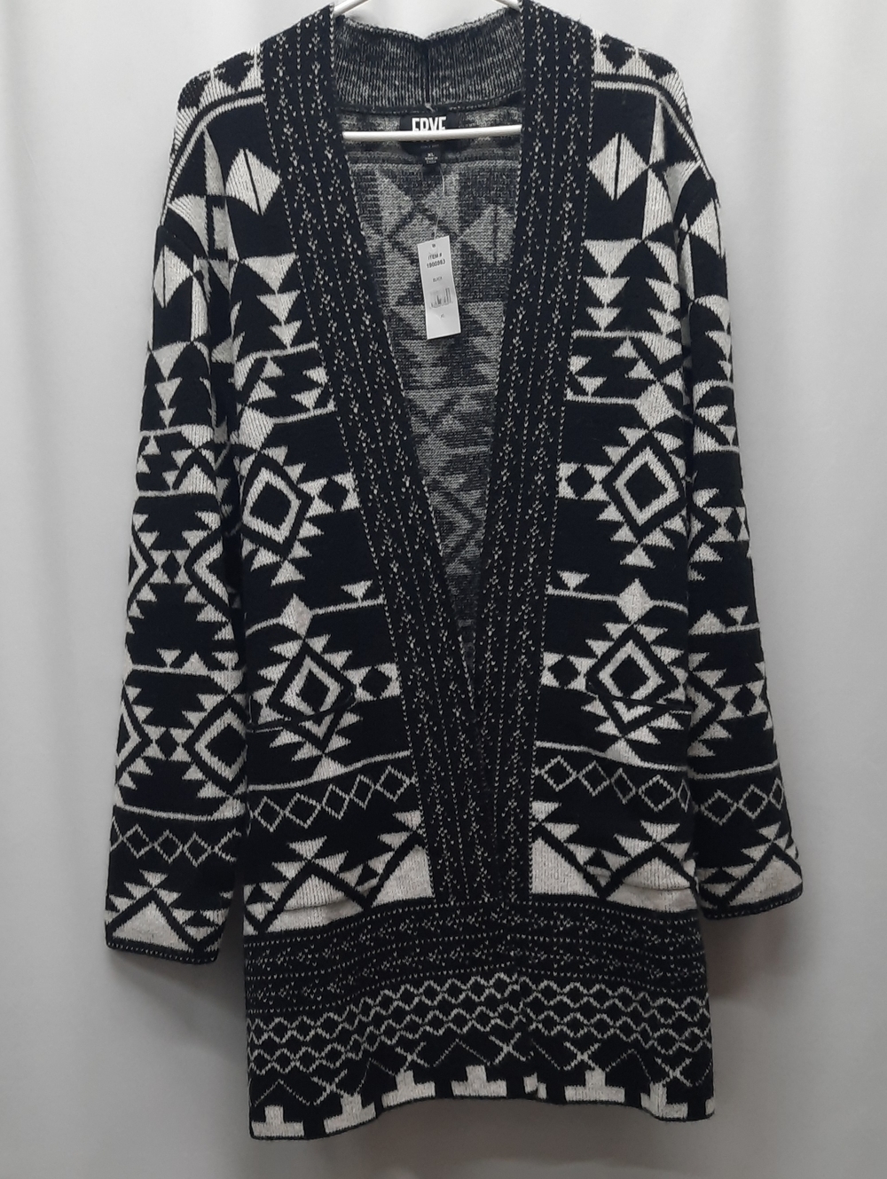 FRYE Women's XL Cardigan Sweater Black White Aztec Geometric Open Front NWT